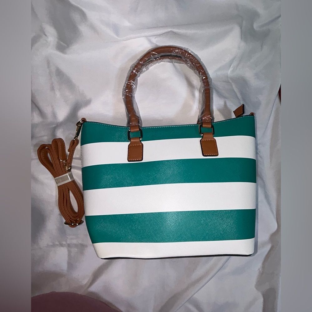 Purse NEW Teal and White Striped Handbag Tote Crossbody Strap Spring Chic Casual